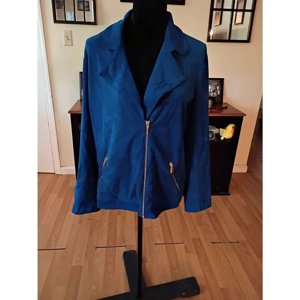 Chicos Blue Faux Suede Moto Jacket Size 2 US 12-14 Large Silver Zip Stretch